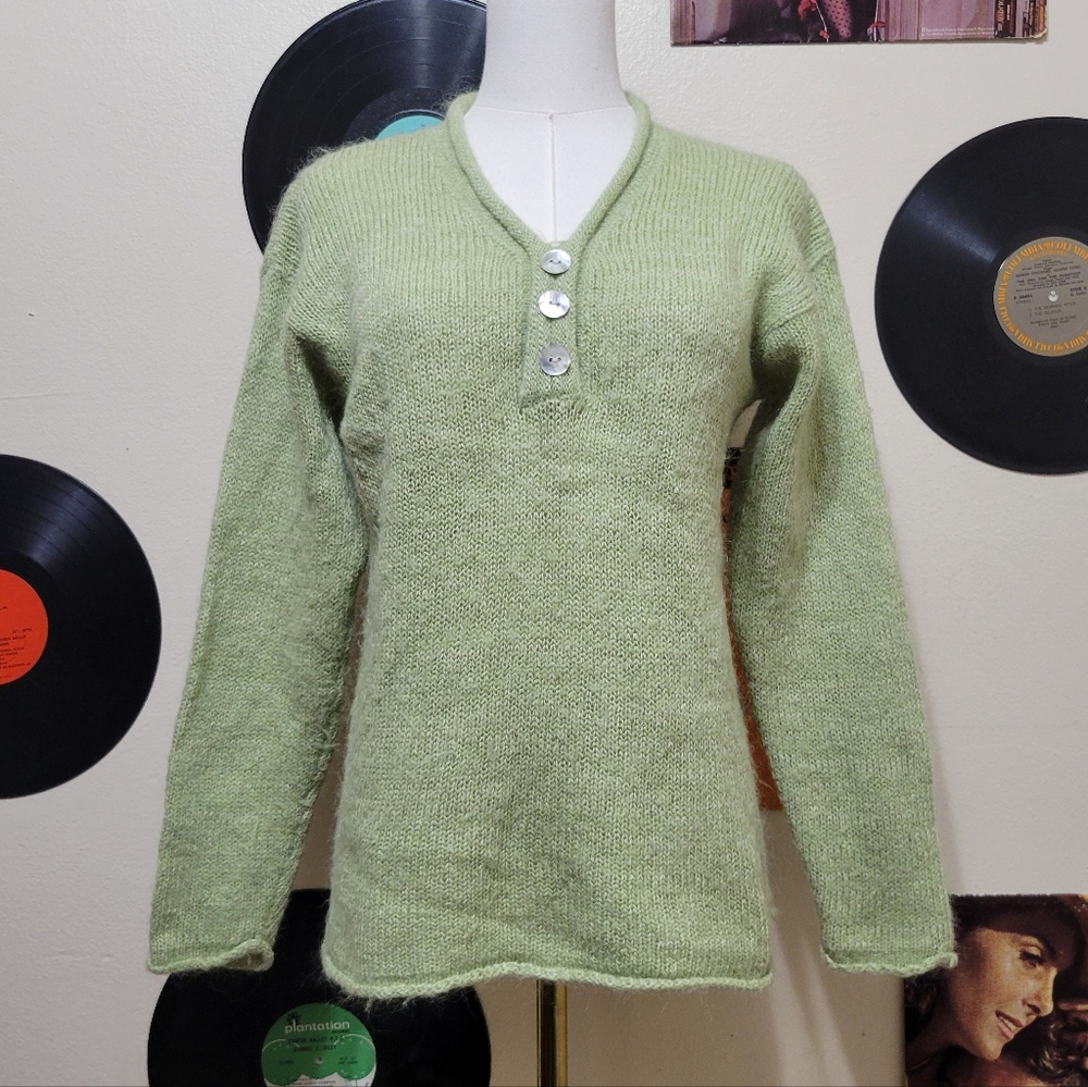 Wintersilks | Vintage Green Silk & Mohair Blend Knit Sweater